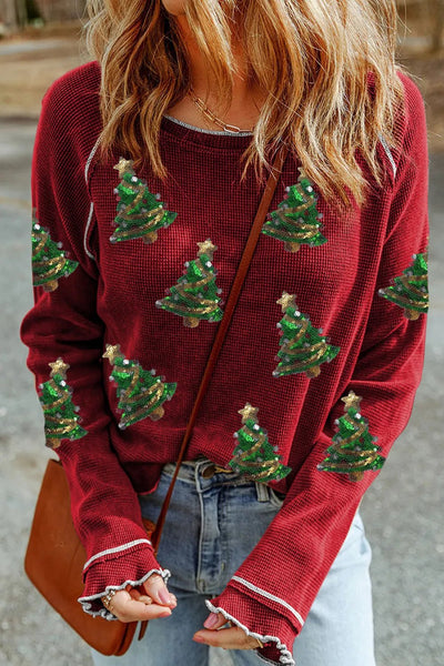 Sequin Christmas Tree Waffle Knit Sweatshirt - The Leopard Owl Boutique